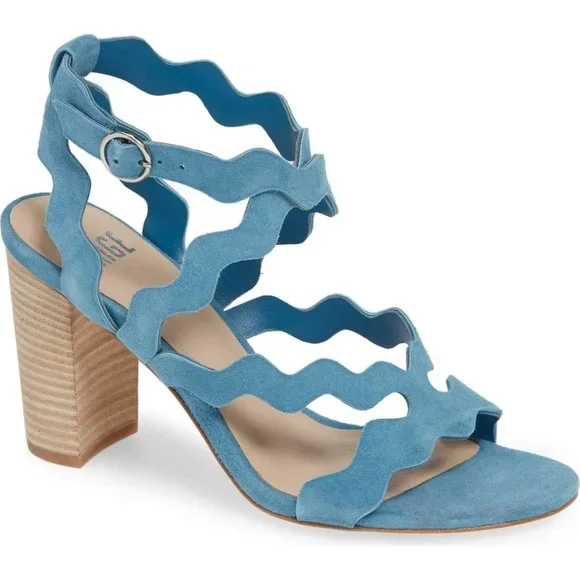 PAIGE Blue Sage Scalloped Strappy Sandals Block Heel Suede 7 NEW - Picture 1 of 12
